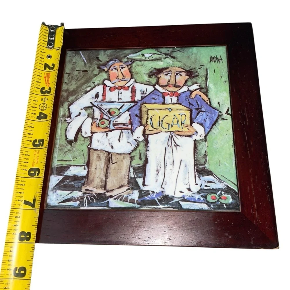 Vintage Framed Bartender Cigar Martini Art Tile – Signed by “Joanna” 8”x8” - Picture 10 of 12
